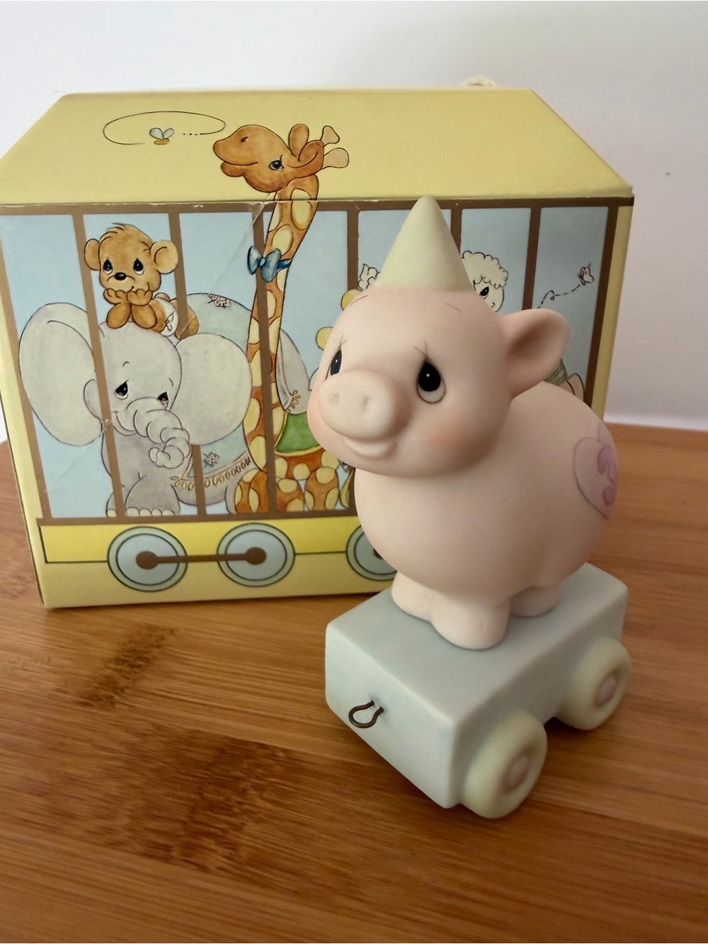 Vintage Enesco Precious Moments Birthday Train Age 3 Pig Blue Pull Cart 15954